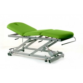 TABLE ÉLECTRIQUE DE 3 PANNEAUX AVEC ARTICULATION CENTRALE, ROULETTES RÉTRACTABLES, PORTE-ROULEAUX  ET BOUCHON FACIAL