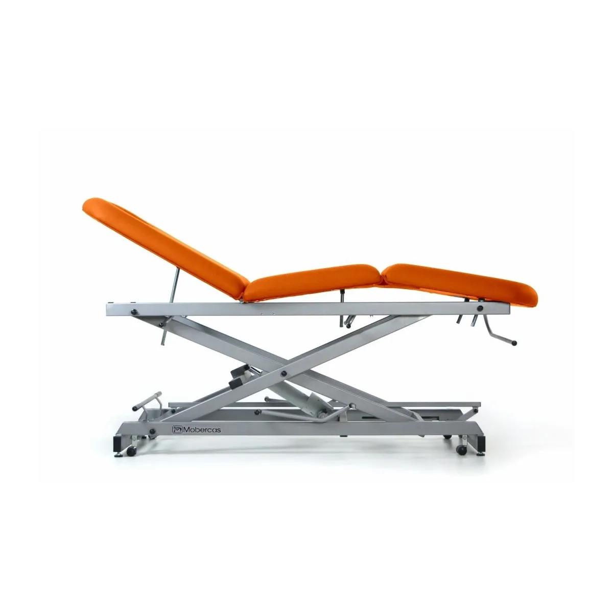 TABLE HYDRAULIQUE AVEC MONTÉE VERTICALE, ARTICULATION CENTRALE, ROUES RÉTRACTABLES, BOUCHON FACIAL ET PORTE-ROULEAUX