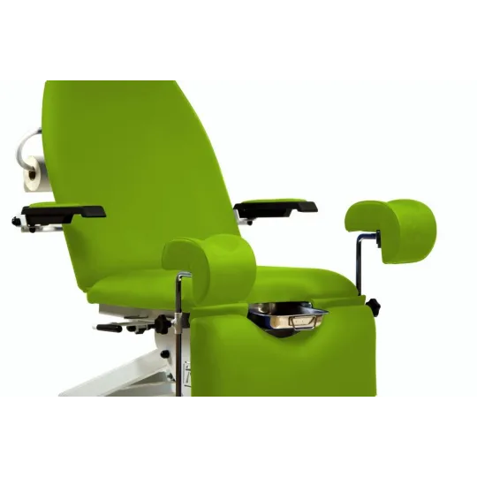 FAUTEUIL GYNÉCOLOGIQUE AVEC 2 MOTEURS, JAMBIÈRES GYNÉCOLOGIQUES, PLATEAU AMOVIBLE, TRENDELENBURG, ACCOUDOIRS ET ROUES
