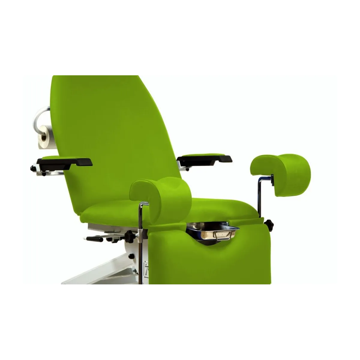 FAUTEUIL GYNÉCOLOGIQUE AVEC 2 MOTEURS, JAMBIÈRES GYNÉCOLOGIQUES, PLATEAU AMOVIBLE, TRENDELENBURG, ACCOUDOIRS ET ROUES