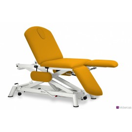TABLE HYDRAULIQUE AVEC ACCOUDOIRS, JAMBIÈRES INDÉPENDANTES, BOUCHON FACIAL ET ROULETTES RÉTRACTABLES