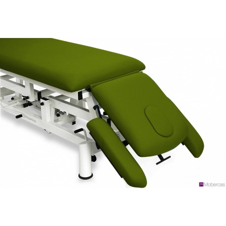 TABLE HYDRAULIQUE 2 PLANS AVEC DOSSIER PROCLIVE / DÉCLIVE, ACCOUDOIRS, PORTE-ROULEAUX, BOUCHON FACIAL ET ROULETTES RÉTRACTABLES