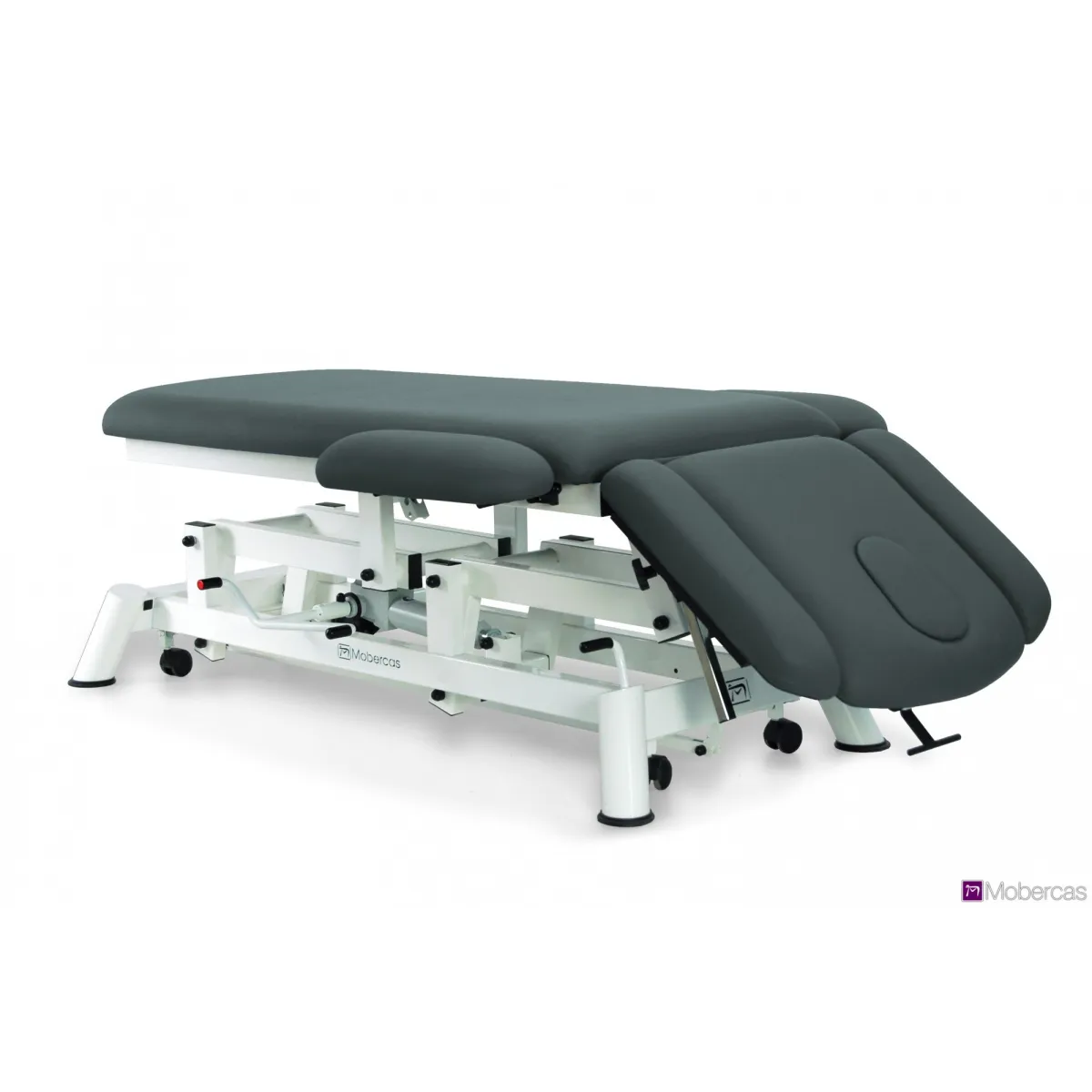 TABLE HYDRAULIQUE AVEC DOSSIER PROCLIVE / DÉCLIVE, ACCOUDOIRS, PORTE-ROULEAUX, BOUCHON FACIAL ET ROULETTES RÉTRACTABLES