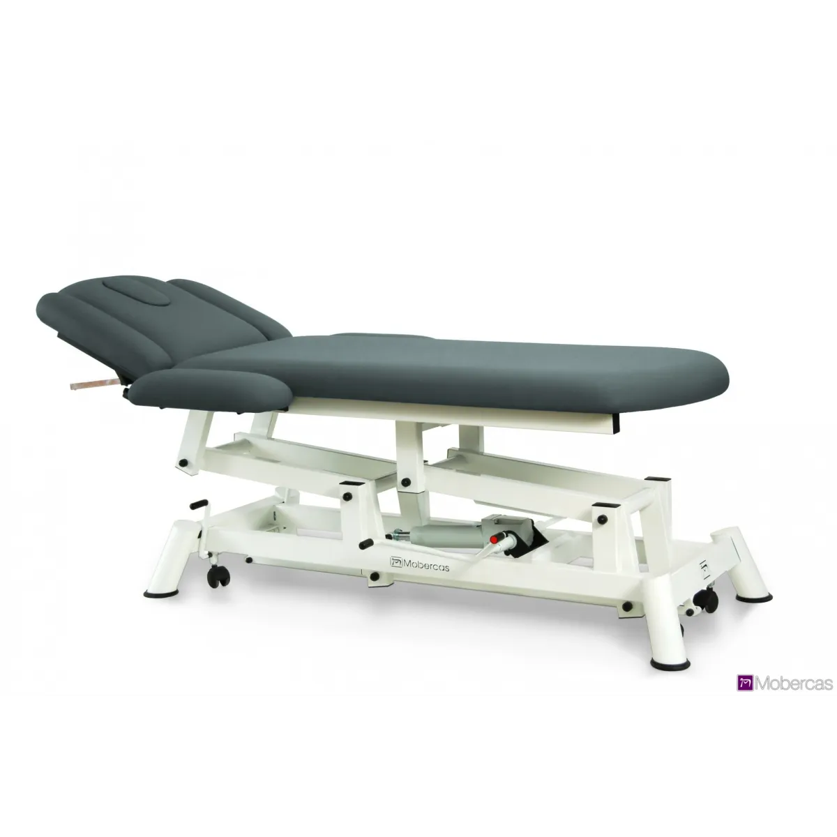 TABLE HYDRAULIQUE AVEC DOSSIER PROCLIVE / DÉCLIVE, ACCOUDOIRS, PORTE-ROULEAUX, BOUCHON FACIAL ET ROULETTES RÉTRACTABLES